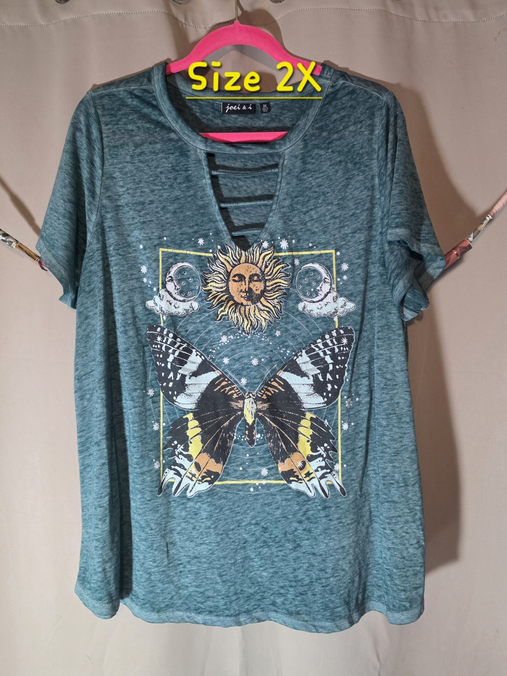 2X - joei & i Teal Sun Moon Butterfly Celestial Graphic Cutout T-Shirt